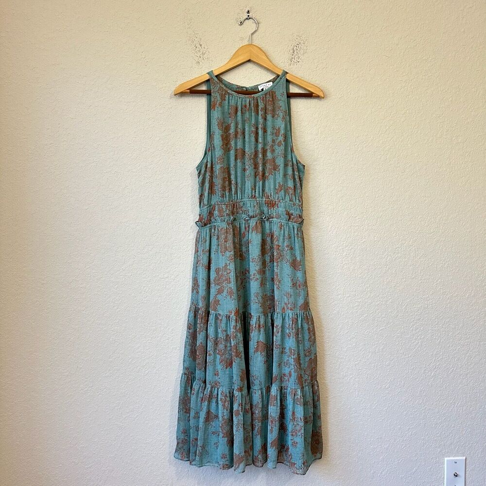 CURRENT AIR ANTHROPOLOGIE Hana Midi Dress Smocked Waist Green Floral Print